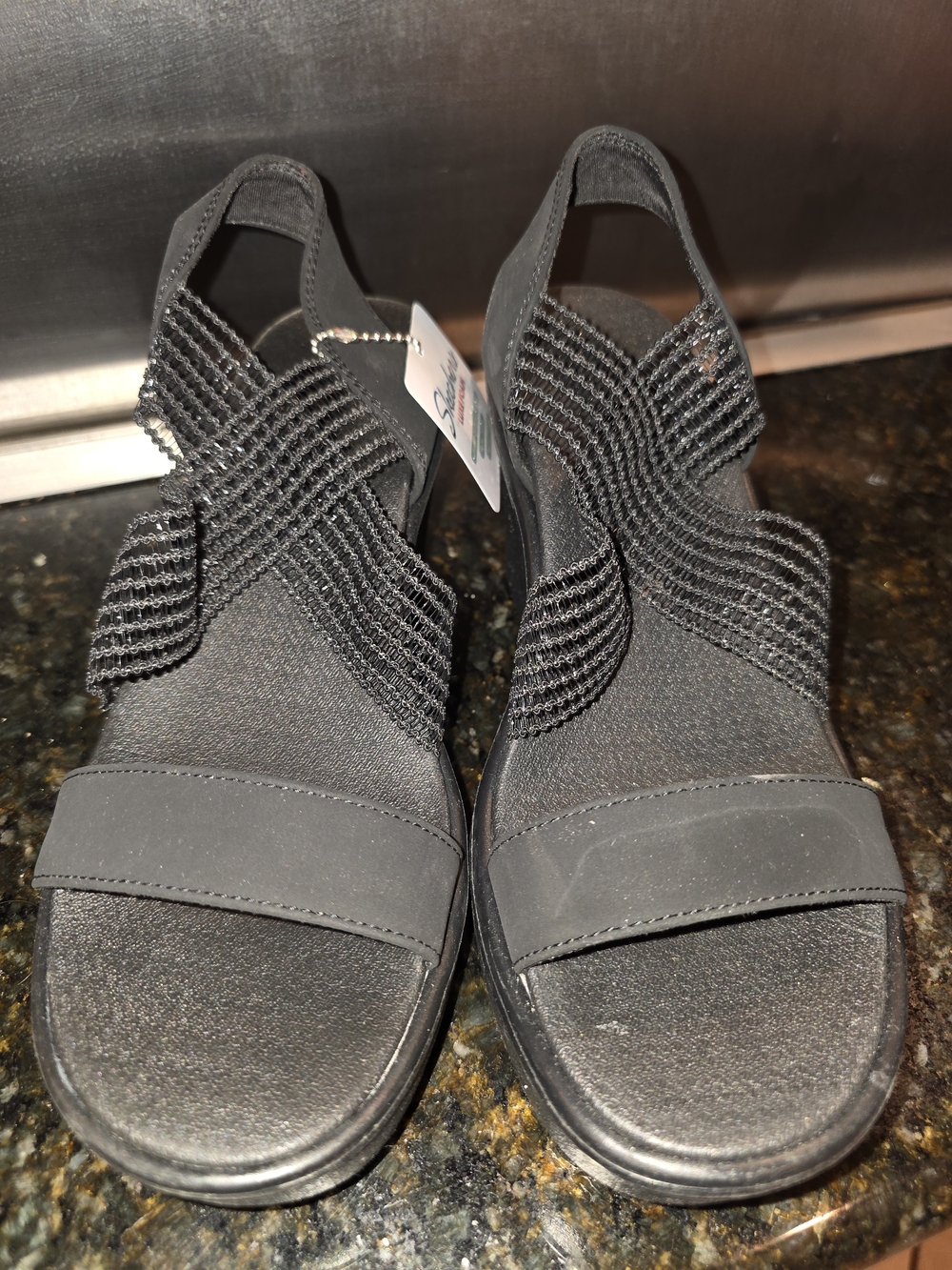 Skechers Black Slip-On Elastic Crisscross Sandals